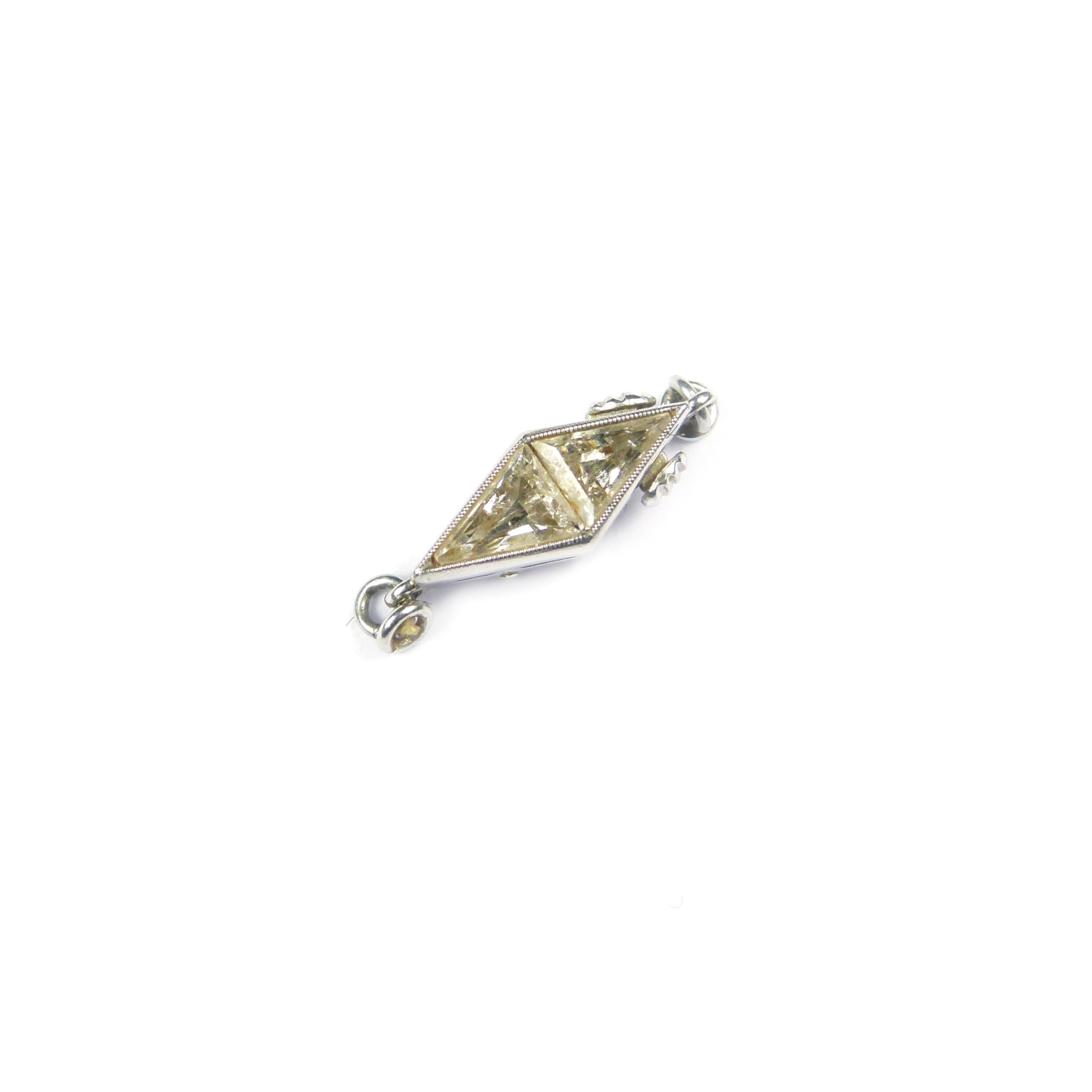 Lozenge shaped clasp set with two triangular cut stones, with fittings for a single row